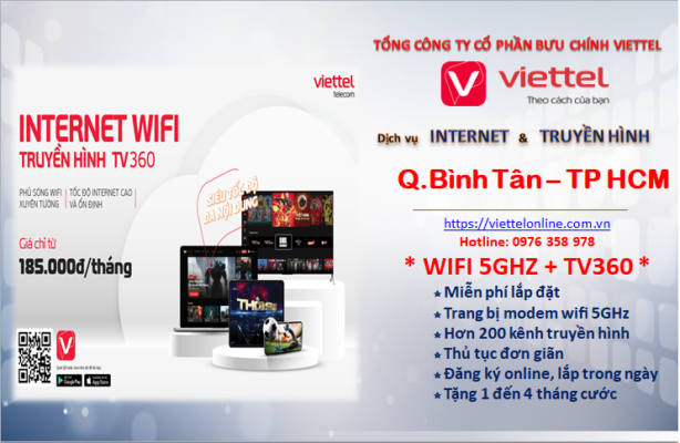 Lắp mạng Viettel Bình Tân TP HCM- Trang bị modem wifi 5GHz và đầu thu truyền hình TV360.