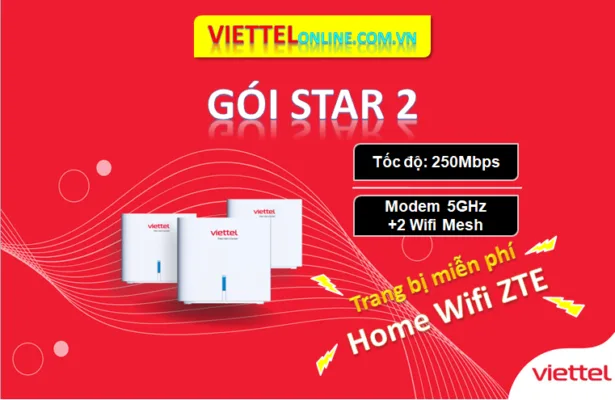 Gói wifi Viettel cho nhà 3 tầng (1 trệt 2 lầu)- Gói Star2 Viettel tốc độ 250Mbps trang bị 1 modem chính và 2 wifi mesh.