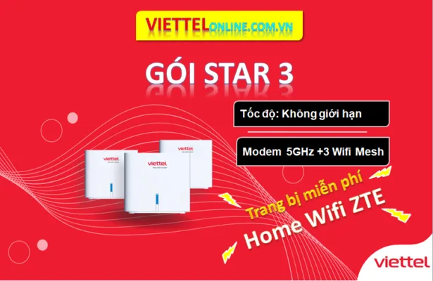 Gói Star3 Viettel- băng thông không giới hạn, trang bị 1 modem và 3 wifi mesh sử dụng công nghệ wifi 6 là gói wifi Viettel cho nhà 4 tầng.